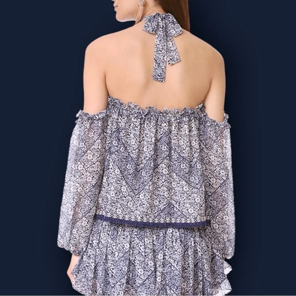 Misa Los Angeles Blue Floral Print ‘Livey’ Off The Shoulder Tie-Neck Top Size XS